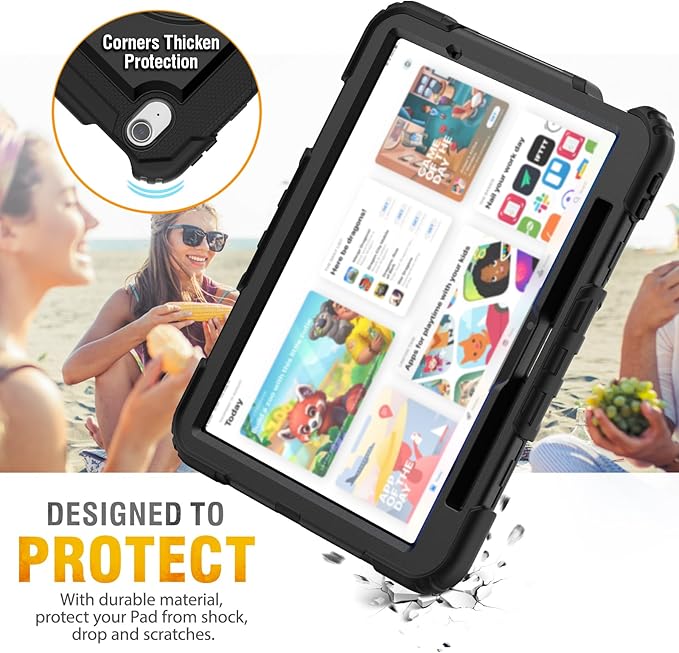 HXCASEAC Case for iPad Air 11 inch (2025 M3 / 2024 M2), Shockproof Design with Pencil Holder/Screen Protector/Rotating Hand Strap, Protective Cover for iPad Air 7th/6th Generation - Black