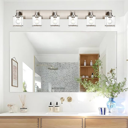 WINSHEN 6-Lights Brushed Nickel Bathroom Light Fixture Over Mirror, Modern Wall Sconce with Clear Glass Shades, E26 Bulb Base Vanity Lighting for Over Mirror Kitchen