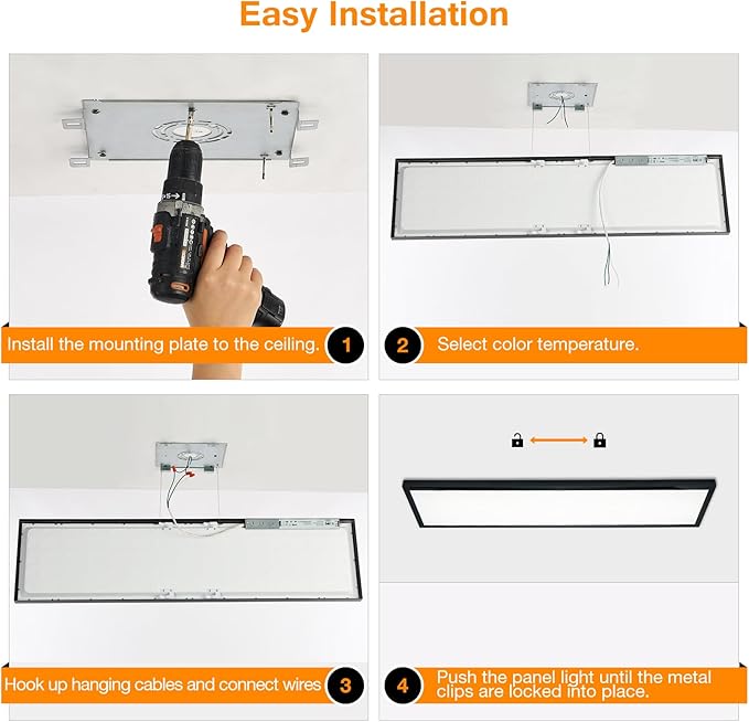 Mcacggo Black 1x4 LED Flat Panel Light Flush Mount 4-Pack, 3000K/4000K/5000K Selectable, Ultra-Thin Surface Mount LED Ceiling Light for Kitchen, Triac Dimmable, Bright 4400LM, 100-277V