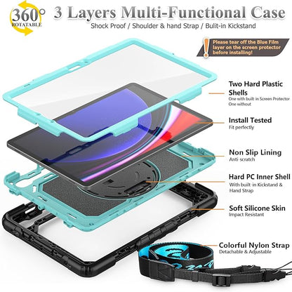 SEYMAC stock Case for Samsung Galaxy Tab S10 FE / S9 / S9 FE 5G Tablet Case Protective with Screen Protector, Pencil Holder, 360 Rotate Stand, Hand Strap, Shoulder Strap, SkyBlue1