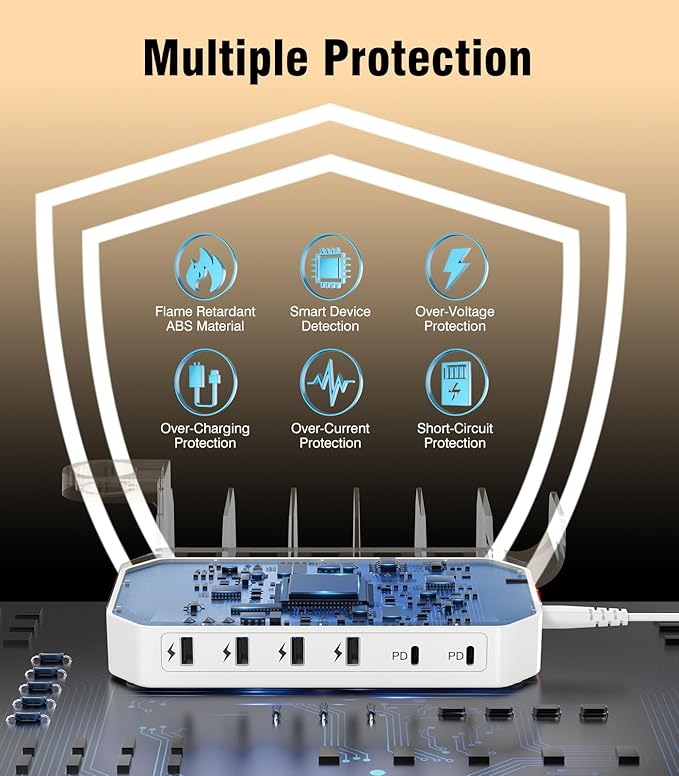 95W Fast Charging Station for Multiple Devices【UL & FCC Certified Safer Charging】 6-Port USB Charging Dock with 2 PD-Port, Compatible with iPhone/Android/MacBook/iPad/Tablet/Kindle/Apple Watch & More