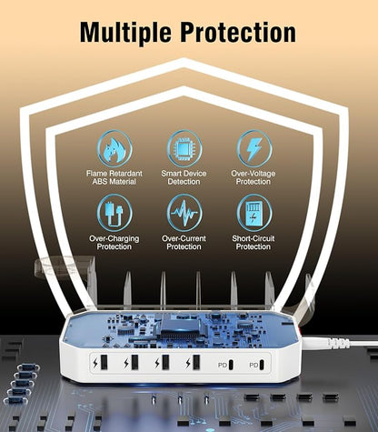 95W Fast Charging Station for Multiple Devices【UL & FCC Certified Safer Charging】 6-Port USB Charging Dock with 2 PD-Port, Compatible with iPhone/Android/MacBook/iPad/Tablet/Kindle/Apple Watch & More