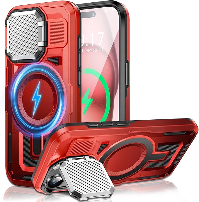 Camera Stand Case for iPhone 15, [Compatible with MagSafe] [Lens Cover] 2024 Version Military Grade Protective Soft Case for iPhone 15 6.1 inch Men Women, Red