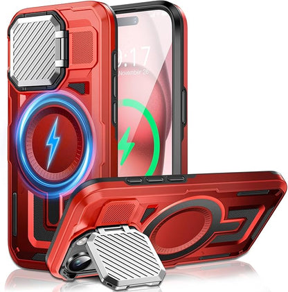 Camera Stand Case for iPhone 15, [Compatible with MagSafe] [Lens Cover] 2024 Version Military Grade Protective Soft Case for iPhone 15 6.1 inch Men Women, Red