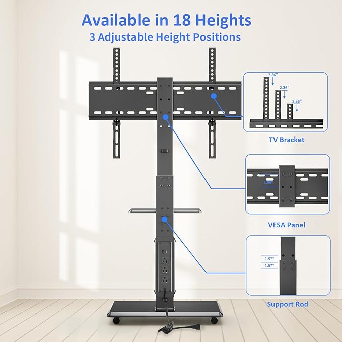 Rolling TV Stand with Power Outlet, Mobile TV Cart for 32-75 Inch TVs up to 110 lbs, 18 Adjustable Heights, Max VESA 600x400mm, TV Floor Stand with Swivel Mount/Shelf/Wheels, Fits for Bedroom, Outdoor