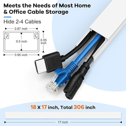 306in Cord Hider Kit, Cord Covers for Wires on Wall, Paintable Wire Cover for Cords, Cable Hider for Wall Mounted TV, White Cord Concealer, Cable Raceway Wire Management, 18x L17in x W0.95in x H0.55in