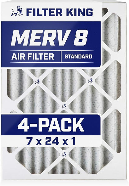 Filter King 7x24x1 Air Filter | 4-PACK | MERV 8 HVAC Pleated A/C Furnace Filters | MADE IN USA | Actual Size: 7 x 24 x .75"