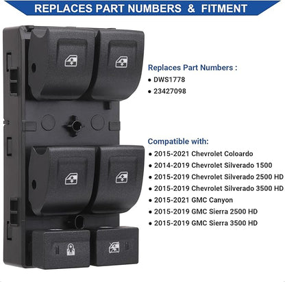 Obaee Window Switch Power Control Button Compatible with 2014-2021 Chevy Silverado 1500, Chevrolet Silverado & GMC Sierra 2500 HD 3500 HD, Colorado & Canyon, Replace OEM 23427098 DWS1778 12 Pins