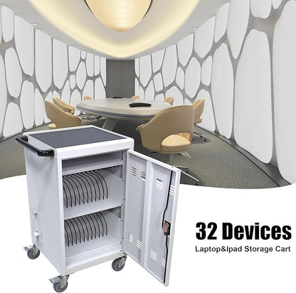 Aokleo 32 Devices Laptop Charging Cart, Tablet Storage Carts for Pad Up to 16.3" Screen Size, Classroom Computer Mobile Charging Station for Pads,Chromebooks,Laptops,Security Storage (White)