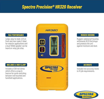 Spectra Precision HR320 Laser Receiver with Rod Clamp – Dual LCD, 2-In Capture Height, IP67 Drop Resistant, 70-Hour Runtime – 100 DB speaker