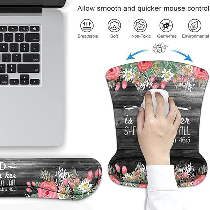 Ergonomic Mouse Pad Wrist Support and Keyboard Wrist Rest Set with Coasters, Non-Slip PU Base, Easy Typing and Relieve Wrist Pain for Home Office Working Studying, Floral Quote Bible Verses Psalm 46:5