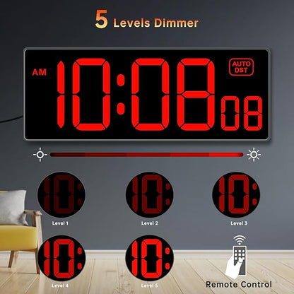 Soobest Digital Wall Clock with Seconds for Gym, Remote Countdown Timer Large LED Display 5 Dimmer (10.2" Red)