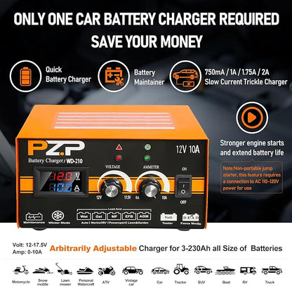 PZP 12V Manual Battery Charger Maintainer, 0 to 10A Arbitrarily Adjustable Car Battery Trickle Charger, Battery Desulfator with Repair, Winter Mode, Suitable for Lawn Mower, AGM, Deep Cycle Batteries