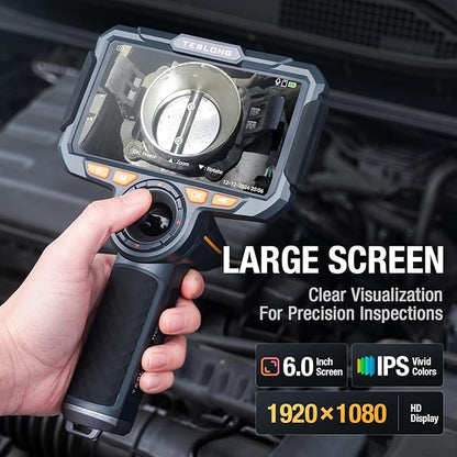 360 Articulating Borescope with 6” Monitor, Teslong Mechanics Inspection Camera with 4-Way Joystick Articulation, HD Steerable Endoscope Camera with Light, See in Wall Engine Hole Camera(0.24inch-5FT)
