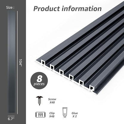 Art3dwallpanels Slat Wall Paneling, 104'' x 6.7'' Glossy Metal Finish WPC Soundproof 3D Wall Panels for Interior Wall Decor, 8 Pack Fluted Textured Panel Wall Slats, Metallic Silver Dark Gray