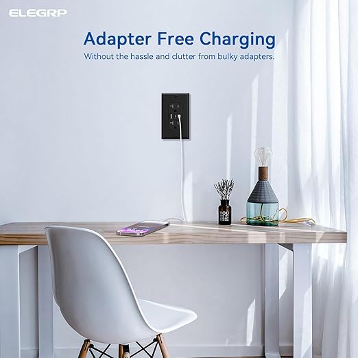 ELEGRP USB Outlets, 20 Amp Wall Outlet with 3 USB Ports, Dual USB C Ports Outlets, TR Tamper-Resistant USB Outlets Receptacles, Wall Plate Included, UL/CUL Listed, 1 Pack, Black