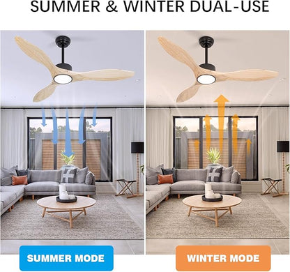 Revoici 52 inch Ceiling Fans with Lights and Remote, 3 Natural Wood Blades, Modern Indoor/Outdoor Ceiling Fan for Living Room Bedroom Farmhouse Patio, 6 Speeds, Dimmable, Noiseless Reversible DC Motor