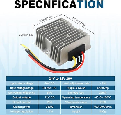 DC Buck Converter 24V 36V to 12V 20A 240W, Adjustable Voltage Regulator Module, High Efficiency Step Down Power Supply, Mini DC Converter for LED, Car, Battery, Solar System, Arduino (Input 20-36V)