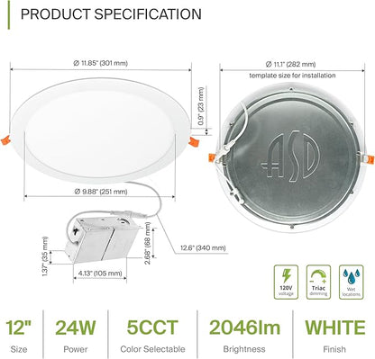 ASD 1 Pack 11/12 Inch LED Recessed Lighting 24W, 5 CCT 2700K-5000K CRI90+, IC Rated Ultra Thin Dimmable Ceiling Lights with J Box, Canless Wafer Downlight, Round Slim Panel Light, UL Listed, White