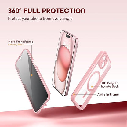 Magnetic for iPhone 15 Plus Case, Compatible with MagSafe, Built-in Privacy Screen Protector and Camera Protection, Anti Spy Full Body Dustproof Shockproof Hard Phone Case 6.7", Pink