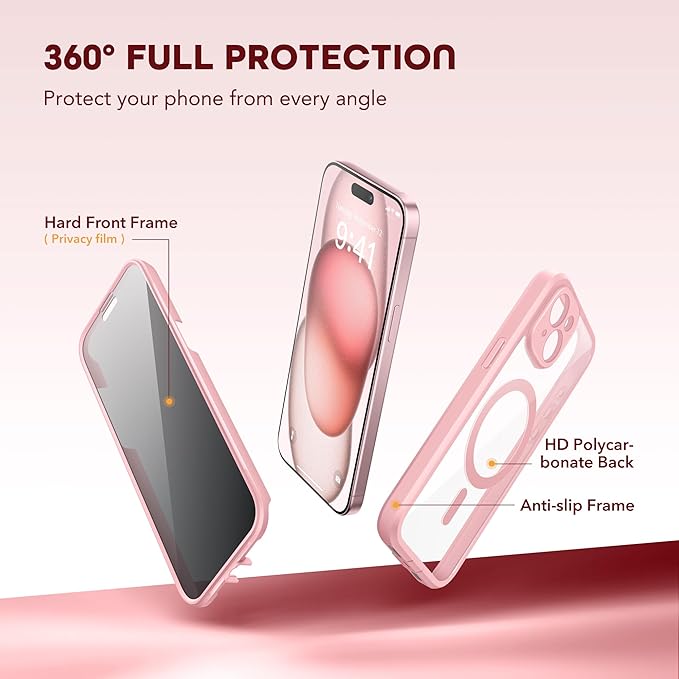 Magnetic for iPhone 15 Case, Compatible with MagSafe, Built-in Privacy Screen Protector and Camera Protection, Anti Spy Full Body Dustproof Shockproof Hard Phone Case 6.1", Pink