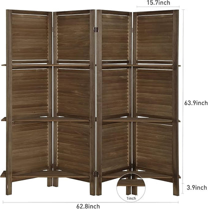 4 Panel Room Divider with Shelves, Room Dividers and Folding Privacy Screens, Folding Room Dividers 4 Panel, Wood Room Divider with 3 Display Shelves for Home Office (Brown)