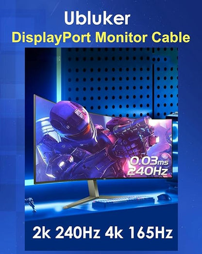 Ubluker 10K 8K DisplayPort 2.1 Cable 54Gbps 5 FT, Certified DP to DP Cord 4K 240Hz 165Hz 144Hz 120Hz 10K 8K 120Hz Nylon Braided UHBR HDCP2.3 FreeSync G-Sync RTX5090 Gaming Monitor PC Projector