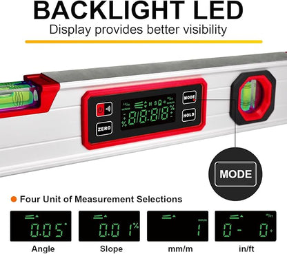 eOUTIL 15.7-Inch Digital Torpedo Level & Angle Finder – IP54 Waterproof Inclinometer with Backlit LCD, V-Groove Magnetic Base, 0.1° Accuracy – for Construction, Woodworking, Metalworking（Red)