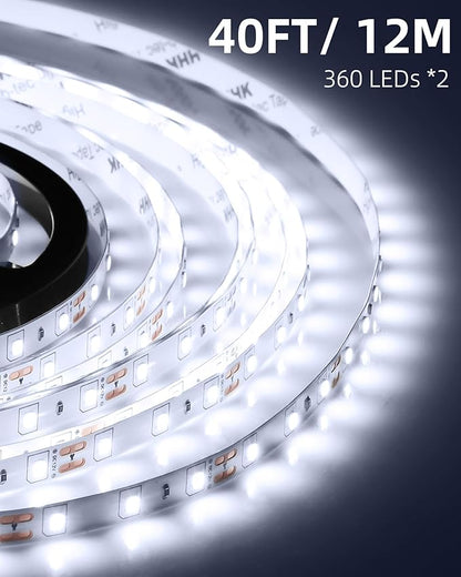 JNGMAIR 40ft LED Strip Lights with Remote, 6500K Daylight White Dimmable Tape Lights, 12V 720 LEDs 2835 Strong Adhesive Rope Lights for Cabinet Kitchen Ceiling Closet Vanity Mirror Stairway Basement