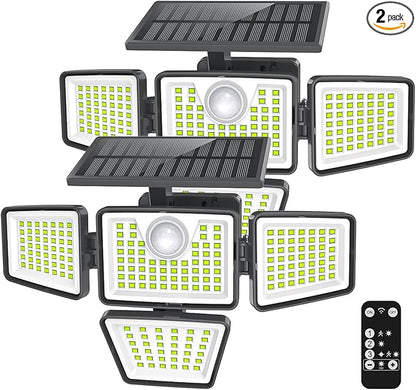 daphino 3000LM Solar Lights Outdoor with Motion Sensor,4 Head 270° Wide Angle Street Area Lights,IP65 Waterproof Security Lighting with 3 Modes(Remote,2 Pcs)