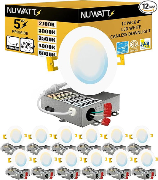 NUWATT 12 Pack, 4 Inch Ultra-Thin LED Recessed Lighting, 5CCT 2700K/3000K/3500K/4000K/5000K Selectable, 630LM, 9W, IC Rated, Dimmable Slim Panel Light, White Trim Canless Wafer with Junction Box, ETL