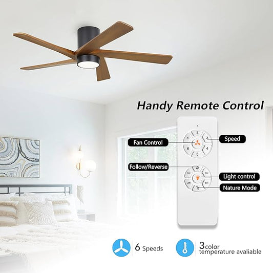 WINGBO 48 Inch Flush Mount DC Ceiling Fan with Lights and Remote, 5 Reversible Carved Wood Blades, 6-Speed Noiseless DC Motor, Hugger Ceiling Fan in Matte Black Finish with Walnut Blades, ETL Listed