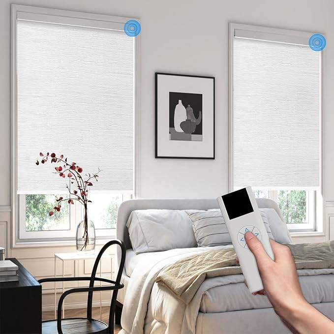 COOLWINDS Motorized Blinds with Remote Cordless Automatic Motorized Shades Custom Blinds for Windows Smart Curtains Compatible with Alexa Google Home(Blackout Jacquard White,W48 x H72in)