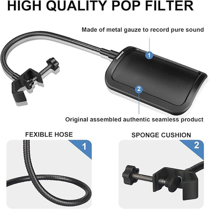 Aokeo Metal Pop Filter,Metal Mesh Layer Microphone Windscreen for Hyperx QuadCast, Blue Yeti and Other Mics,Pop Shield with Flexible 360° Gooseneck Clip Stabilization Arm
