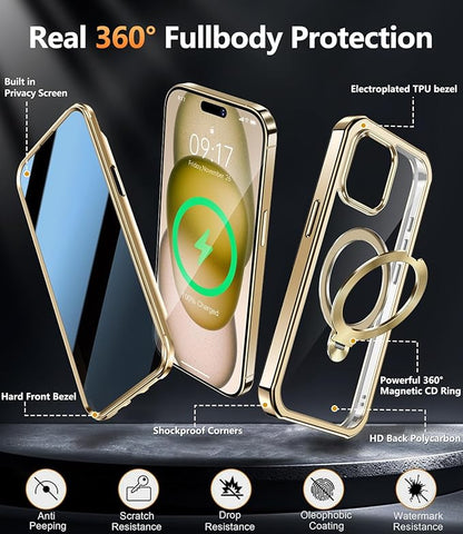 [360° Rotatable CD Stand & Built-in Privacy Screen Magnetic Case for iPhone 15 [Compatible with MagSafe & Full Signal] Mil-Grade Shockproof Full Body Anti-Spy Cover for 15-Gold