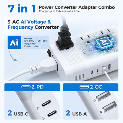 DOACE 220V to 110V Converter for European Travel - 350W 7 in 1 Voltage Converter US to Europe with 3AC, 2QC+2PD for Using U.S. Devices Abroad - Hair Straightener Shaver Toothbrush Laptop Camera Phone