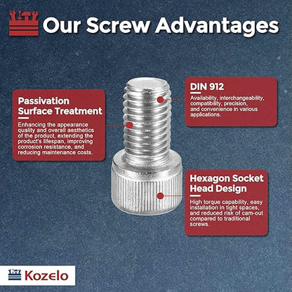 Kozelo 8pcs Socket Head Cap Screws - [M12-1.75 x 20mm] 304 Stainless Steel Allen Socket Drive for Electrical Motor 3D Printing Fan Engine Replacement Use, Silver