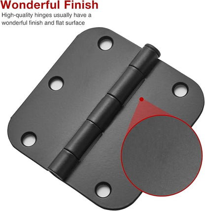 48 Pack Rounded Matte Black Door Hinges 3.5 Inch 5/8" Radius for Interior 3 1/2" Flat Iron Bifold Residential Standard Bedroom Indoor for Doors 3 ½"Hardware House Home Decor Essentials Accessories