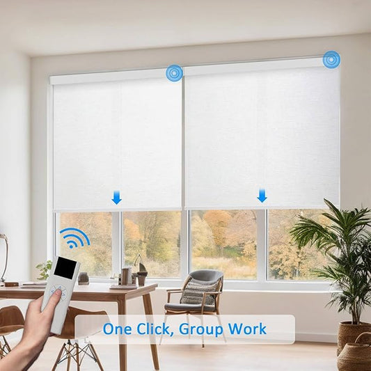COOLWINDS Motorized Blinds with Remote Cordless Automatic Motorized Shades Custom Blinds for Windows Smart Curtains Compatible with Alexa Google Home(Light Filtering Jacquard White,W63 x H72in)