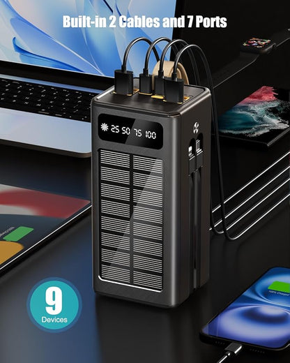 Feidyns 90000mAh Solar Battery Charger, 35W Fast Charging Solar Power Bank,Built-in USB-C/Lightning Cables for Camping,Travel,Emergencies,Tech Devices| 9-Port PD/USB-C, LED Flashlight
