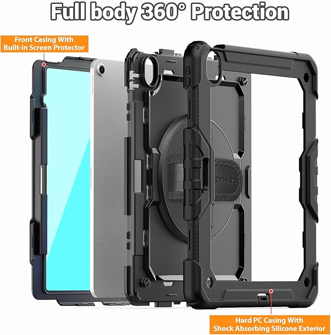 SEYMAC for iPad Air 13 Inch Case M3 2025/ M2 2024, Heavy Duty Shockproof Protective Case with Screen Protector, 360° Rotating Stand, Hand/Shoulder Strap and Pen Holder for iPad Air 13, Black