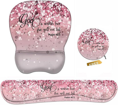 Ergonomic Mouse Pad Wrist Support and Keyboard Wrist Rest Set with Coasters, Non-Slip PU Base, Easy Typing & Pain Relief, Perfect for Home Office Working Studying, Quote Bible Verses Psalm 46:5