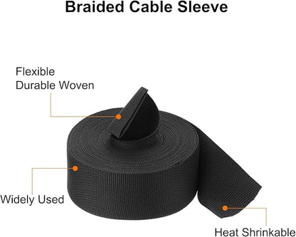 MECCANIXITY Braided Cable Sleeves Heat Shrinkable Fabric Sleeving, 1 3/8" 26ft Black 2:1 Ratio Heat Shrinkable Cord Protector for Harness Cable, Network Cable Protection, Cable Management