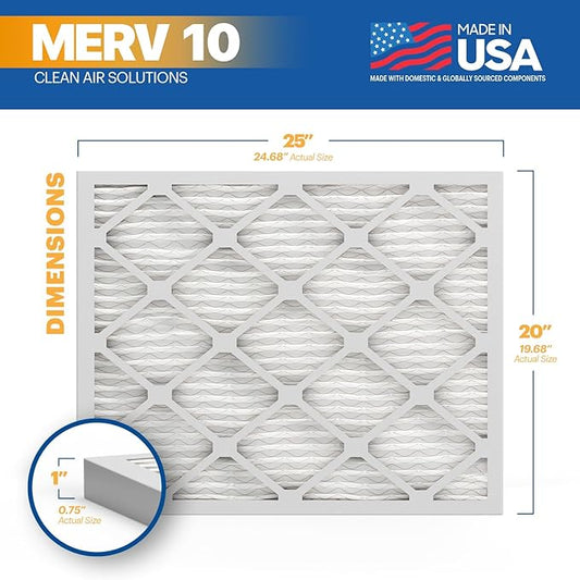 BNX TruFilter 20x25x1 MERV 10 (6-Pack) AC Furnace Air Filter - MADE IN USA - Pleated Air Conditioner HVAC AC Furnace Filters - Removes Odor, Mold, Bacteria, Smoke