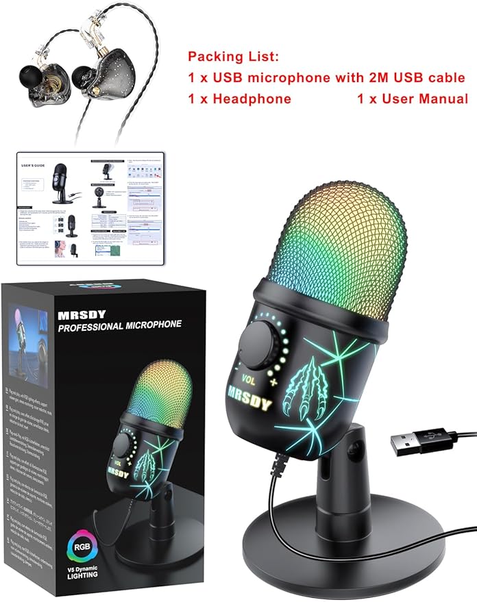 USB Gaming Microphone for PC, Mac, PS4, PS5, Computer Mic with Noise Reduction, Monitor, Mute and RGB, Great for Recording, Streaming, Podcasting
