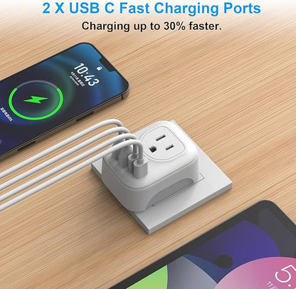 2 Pack European Travel Plug Adapter, VYLEE International Travel Adapter with 2 Outlets 4 USB Ports(2 USB C), 6 in 1 Type C Travel Essentials Charger for US to Most of Europe EU Italy Spain France