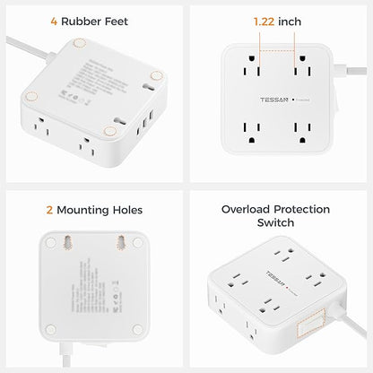 TESSAN Flat Plug Extension Cord, 5 Ft Surge Protector Power Strip with 3 USB (1 USB C) 8 Outlets, 900J Surge Protection, 3 Sided Outlet Extender with Power Switch for Dorm Room Essentials, White