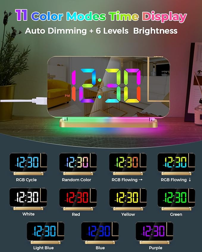 SZELAM Projection Alarm Clock,7.4" LED Mirror Digital Clocks Large Display,with 180° Rotatable Projector,RGB Night Light,USB C Port,Auto Dimmer, Loud Desk Clock for Heavy Sleeper Bedroom - Gold