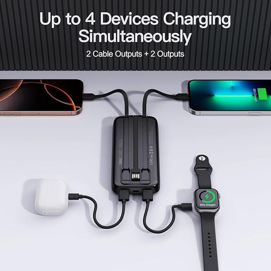 2025 Portable Charger with Built in Cables, 12800mAh Travel Essential Battery Pack, 4 Outputs 2 Inputs Slim Power Bank with Cord Wires Compatible with iPhone,Samsung,Android (2 Pack)