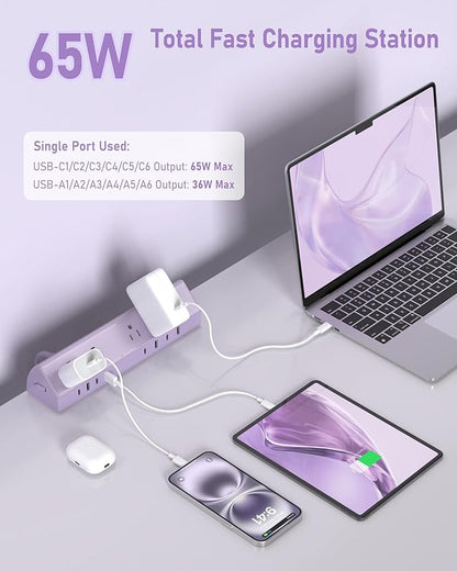 Jgstkcity Desk Clamp Power Strip,65W Fast Charging Station,4 USB-C,4 USB-A,1200J Surge Protector,ETL Listed,1875W Extension Cord,Multiple Outlets for Home, Office (Purple, 6 FT Cable)